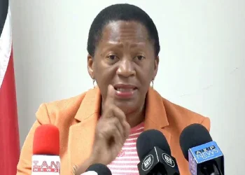 ‘many requests for jobs’: PNM political leader Pennelope Beckles gesticulates during her presentation at yesterday’s weekly news conference at the Office of the Opposition Leader, Charles Street, Port of Spain.