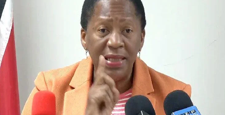 ‘many requests for jobs’: PNM political leader Pennelope Beckles gesticulates during her presentation at yesterday’s weekly news conference at the Office of the Opposition Leader, Charles Street, Port of Spain.