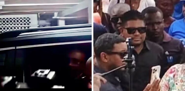 (Screengrab)- L-R Gov't officials leaving in their cars, Opposition Leader Azruddin Mohamed speaking to the people- Joint Opposition Protest in Region 10, August 4, 2026