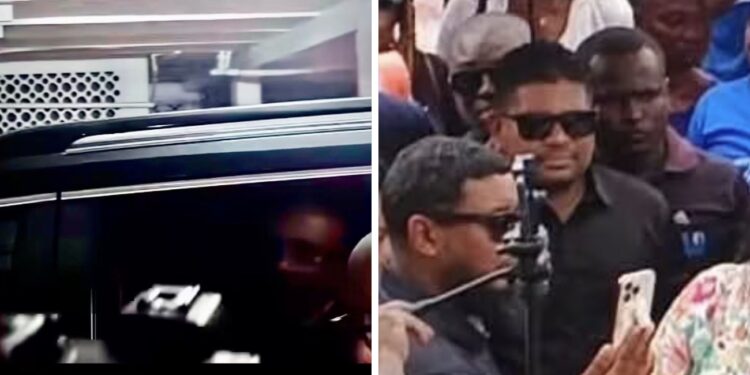 (Screengrab)- L-R Gov't officials leaving in their cars, Opposition Leader Azruddin Mohamed speaking to the people- Joint Opposition Protest in Region 10, August 4, 2026