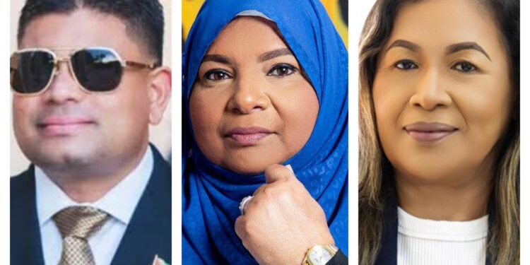 L-R Leader of WIN and Leader of the Opposition Azruddin Mohamed, Natasha Singh and Dawn Hastings-Williams