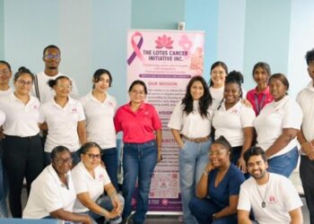 Staff of The Lotus Cancer Initiative Inc., the Ministry of Health, and Oxford Medical Centre pose for a group photograph during the recently concluded cancer screening and diagnostic outreach at the Diamond Regional Hospital.