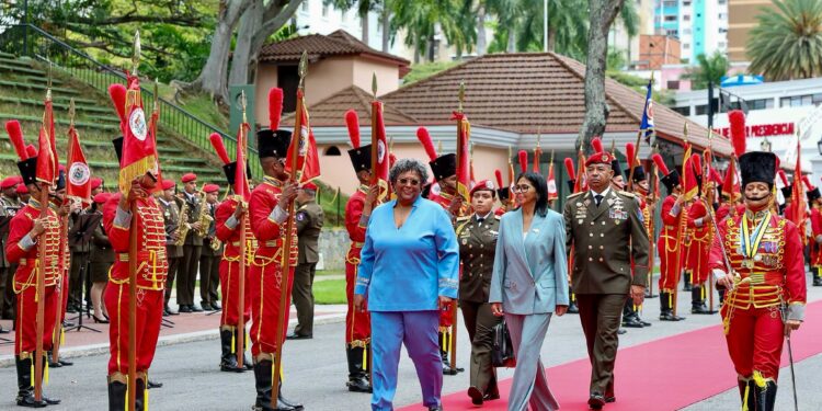 Barbados Prime Minister Mia Amor Mottley and Venezuelan President Delcy Rodríguez