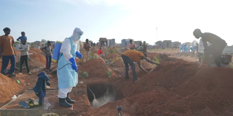 A health worker sprays disinfectant in a freshly dug grave for the body of Jacques Lobo Dhena, who died of Ebola, in Bunia, Ituri province, eastern Congo, Wednesday, Aug. 12, 2026. (AP Photo/Dieudonne Dirole)