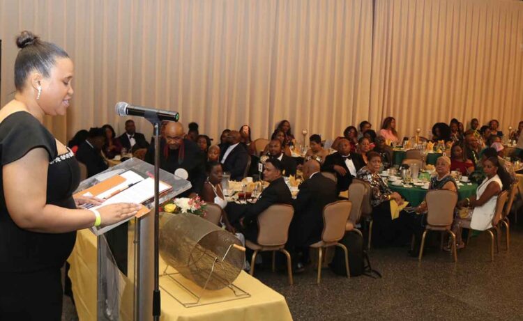 Chargé d’Affaires, a.i., at the Embassy of Jamaica, Washington D.C., Ms. Lishann Salmon, delivers the Keynote address at the Jamaican Association of Maryland’s (JAM) 64th Annual Independence Gala, held Saturday, August 8, 2026 at Martin’s West. – Photo Derrick Scott