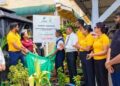 Official unveiling of the Skeldon Line Path Secondary School EcoHub signage by representatives of Recover Guyana, ExxonMobil Guyana, the Ministry of Education, REO Region Six and the school’s Headteacher
