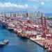 A drone photo taken on Aug. 25, 2026 shows container ships berthed at the Qianwan Container Terminal of Qingdao Port in Qingdao, east China's Shandong Province. (Photo by Zhang Jingang/Xinhua)
