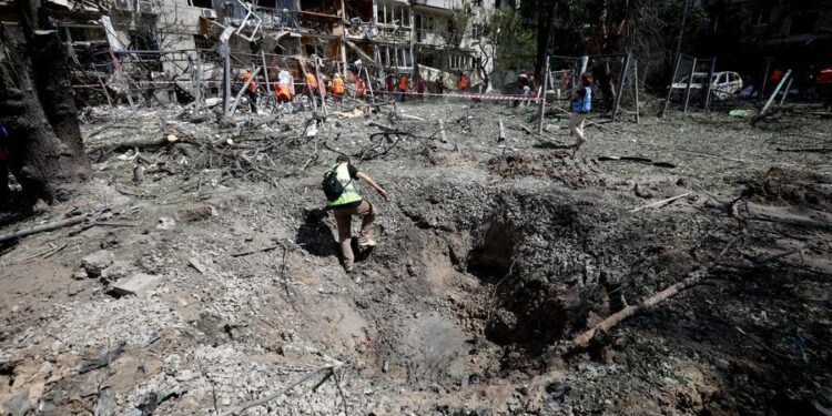 Photo taken on July 2, 2026 shows the site of a missile strike in Kiev, Ukraine. (Photo by Peter Druk/Xinhua)