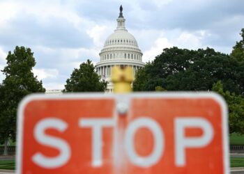 This photo, taken on Aug. 28, 2026, shows a stop sign with the U.S. Capitol building in the background in Washington, D.C., the United States. (Xinhua/Li Rui)