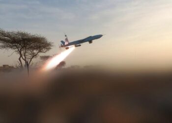 This handout photo provided by Houthi Media Center shows the launch of a drone allegedly toward Mocha in Yemen, on Aug. 9, 2026. (Houthi Media Center/Handout via Xinhua)