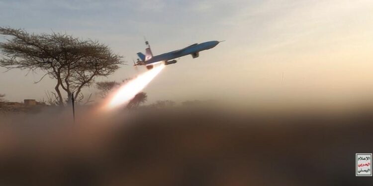 This handout photo provided by Houthi Media Center shows the launch of a drone allegedly toward Mocha in Yemen, on Aug. 9, 2026. (Houthi Media Center/Handout via Xinhua)
