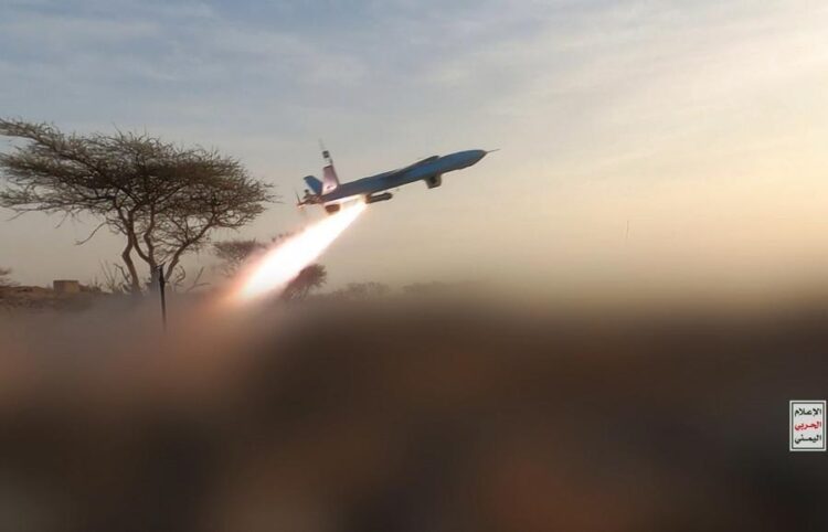 This handout photo provided by Houthi Media Center shows the launch of a drone allegedly toward Mocha in Yemen, on Aug. 9, 2026. (Houthi Media Center/Handout via Xinhua)