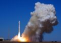 A Lijian-1 Y18 carrier rocket carrying nine satellites blasts off from the Dongfeng commercial space innovation pilot zone in northwest China, Sept. 20, 2026. (Photo by Wang Jiangbo/Xinhua)