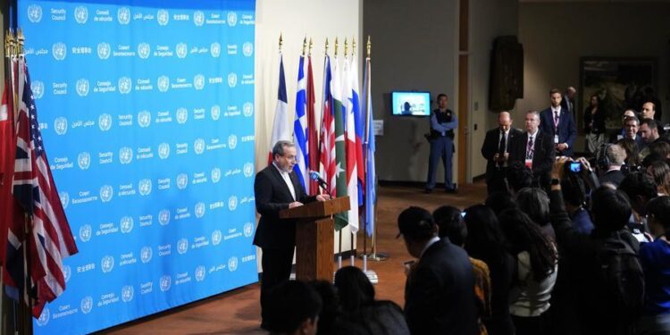Iranian Foreign Minister Seyed Abbas Araghchi speaks at a press encounter at the UN headquarters in New York, Sept. 25, 2026. (Xinhua/Wu Xiaoling)