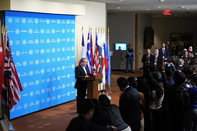 Iranian Foreign Minister Seyed Abbas Araghchi speaks at a press encounter at the UN headquarters in New York, Sept. 25, 2026. (Xinhua/Wu Xiaoling)