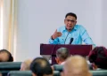 Minister of Agriculture, Zulfikar Mustapha, during his feature address at the El Niño Preparedness Forum at the Author Chung Conference Centre on Monday