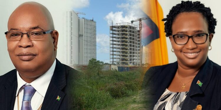L-R Minister Juan Edgehill and Frm Minister Annette Ferguson (background- incomplete Govt offices complex)