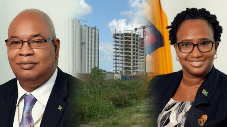 L-R Minister Juan Edgehill and Frm Minister Annette Ferguson (background- incomplete Govt offices complex)