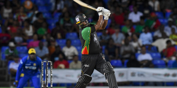 BASSETERRE, SAINT KITTS AND NEVIS - SEPTEMBER 1: Johnson Charles of Saint Kitts and Nevis Patriots hits 6 during the Men's 2026 Republic Bank Caribbean Premier League match 23 between Saint Kitts and Nevis Patriots and Barbados Tridents at Warner Park on September 1, 2026 in Basseterre, Saint Kitts and Nevis. (Photo by Randy Brooks/CPL T20)