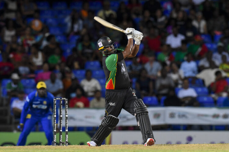 BASSETERRE, SAINT KITTS AND NEVIS - SEPTEMBER 1: Johnson Charles of Saint Kitts and Nevis Patriots hits 6 during the Men's 2026 Republic Bank Caribbean Premier League match 23 between Saint Kitts and Nevis Patriots and Barbados Tridents at Warner Park on September 1, 2026 in Basseterre, Saint Kitts and Nevis. (Photo by Randy Brooks/CPL T20)