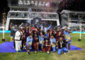 BRIDGETOWN, BARBADOS - SEPTEMBER 20: Hon. Gaston Brown (L) Prime Minister of Antigua and BarbudaHon. Mia Mottley (2L) Prime Minister of Barbados with Antigua and Barbuda Falcons celebrate winning the Men's 2026 Republic Bank Caribbean Premier League Final, match 39 between Antigua and Barbuda Falcons and Jamaica Kingsmen at Kensington Oval on September 20, 2026 in Bridgetown, Barbados. (Photo by Randy Brooks/CPL T20)