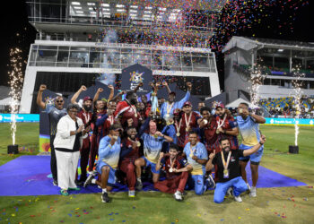 BRIDGETOWN, BARBADOS - SEPTEMBER 20: Hon. Gaston Brown (L) Prime Minister of Antigua and BarbudaHon. Mia Mottley (2L) Prime Minister of Barbados with Antigua and Barbuda Falcons celebrate winning the Men's 2026 Republic Bank Caribbean Premier League Final, match 39 between Antigua and Barbuda Falcons and Jamaica Kingsmen at Kensington Oval on September 20, 2026 in Bridgetown, Barbados. (Photo by Randy Brooks/CPL T20)