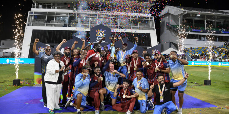 BRIDGETOWN, BARBADOS - SEPTEMBER 20: Hon. Gaston Brown (L) Prime Minister of Antigua and BarbudaHon. Mia Mottley (2L) Prime Minister of Barbados with Antigua and Barbuda Falcons celebrate winning the Men's 2026 Republic Bank Caribbean Premier League Final, match 39 between Antigua and Barbuda Falcons and Jamaica Kingsmen at Kensington Oval on September 20, 2026 in Bridgetown, Barbados. (Photo by Randy Brooks/CPL T20)