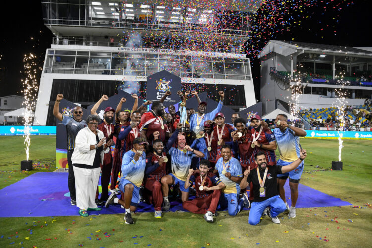 BRIDGETOWN, BARBADOS - SEPTEMBER 20: Hon. Gaston Brown (L) Prime Minister of Antigua and BarbudaHon. Mia Mottley (2L) Prime Minister of Barbados with Antigua and Barbuda Falcons celebrate winning the Men's 2026 Republic Bank Caribbean Premier League Final, match 39 between Antigua and Barbuda Falcons and Jamaica Kingsmen at Kensington Oval on September 20, 2026 in Bridgetown, Barbados. (Photo by Randy Brooks/CPL T20)