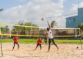 Players battle at the net during beach volleyball action, as athletes prepare for The End Game 2026, set for September 26–27 at the Marriott Beachfront in Georgetown