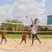 Players battle at the net during beach volleyball action, as athletes prepare for The End Game 2026, set for September 26–27 at the Marriott Beachfront in Georgetown