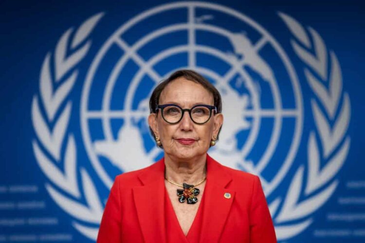 (FILES) Secretary-General of the United Nations Trade and Development (UNCTAD) Rebeca Grynspan looks on prior to a press conference ahead of the 16th UN conference on trade and development, in Geneva, on October 13, 2025. Former Costa Rican Vice President Rebeca Grynspan officially joined the race to become the first woman to head the United Nations Secretariat replacing Antonio Guterres, the Costa Rican government announced on March 3, 2026. She is competing with former Chilean President Michelle Bachelet, the director of the International Atomic Energy Agency (IAEA), Argentine Rafael Grossi, and former Senegalese President Macky Sall to take office next year. (Photo by Fabrice COFFRINI / AFP)