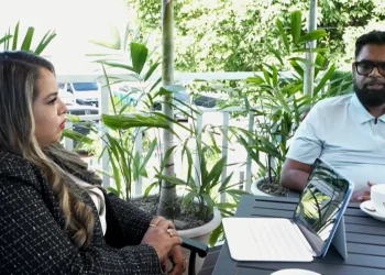President Dr Mohamed Irfaan Ali engaging with journalist Fareeza Haniff during the special interview (DPI photo)