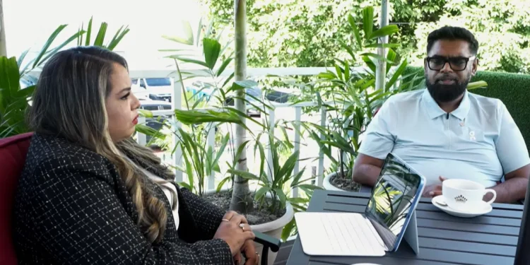 President Dr Mohamed Irfaan Ali engaging with journalist Fareeza Haniff during the special interview (DPI photo)