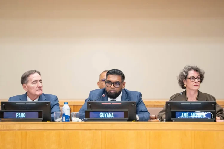 President Dr Mohamed Irfaan Ali addressed a high-level dialogue held on the sidelines of the 81st United Nations General Assembly (UNGA)