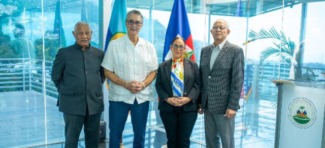 From L-R: Haiti's Minister of Foreign Affairs, Her Excellency Raina Forbin; EPG Members, former Prime Ministers Mr. Perry Christie of The Bahamas; Dr. Kenny Anthony of Saint Lucia; and Mr. Bruce Golding of Jamaica