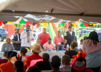 President Dr Mohamed Irfaan Ali addressing residents of Coomacka, Region Ten on Wednesday