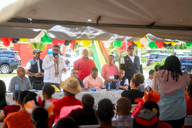 President Dr Mohamed Irfaan Ali addressing residents of Coomacka, Region Ten on Wednesday