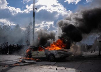 Photo taken on Oct. 17, 2026 shows a burning vehicle during a protest in Paris, France. (Photo by Aurelien Morissard/Xinhua)