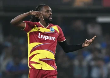 Shamar Springer picked up two wickets in Indore, including that of Abhishek Sharma•AFP/Getty Images