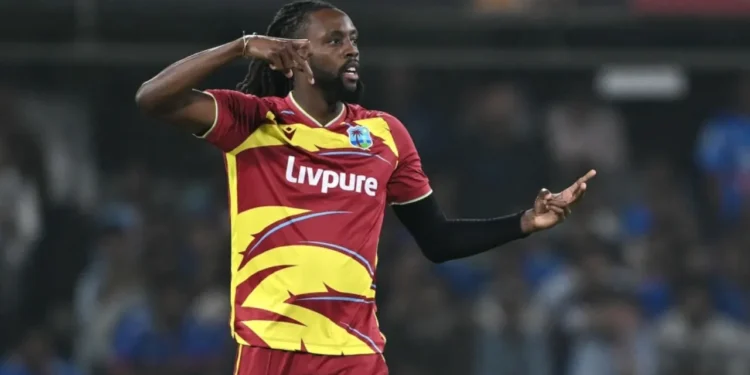 Shamar Springer picked up two wickets in Indore, including that of Abhishek Sharma•AFP/Getty Images