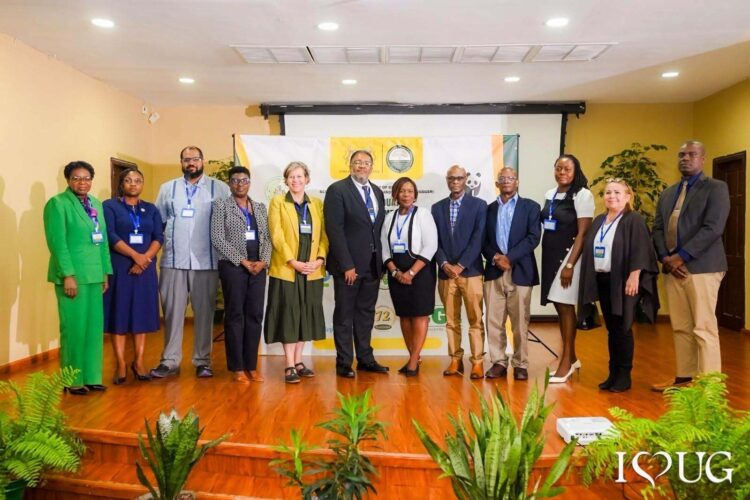From left: Dr. Donna Morrison, Co-Chair, Fourth Graduate Research Symposium; Dr. Dianna DaSilva-Glasgow, Dean, Faculty of Social Sciences, University of Guyana; Dr. Davon Van-Veen, Assistant Dean (Administration) and Head, Department of Graduate Studies, College of Medical Sciences; Ms. Aeisha Williams – Conservation Director, World Wildlife Fund-Guianas ; Ms. Katy Thompson, UNDP Resident Representative for Guyana and Suriname; Professor Michael Taylor, former Dean, Faculty of Science and Technology, Mona Campus, The University of the West Indies; Professor Paulette Bynoe, Dean, School of Graduate Studies and Research and Chair, Symposium Planning Committee; Dr. Collin Henry, Biodiversity Specialist at the Ministry of Natural Resources, Professor Emanuel Cummings, Deputy Vice-Chancellor, Academic Engagement, University of Guyana; Ms. Jenelle Blackman, Project Specialist, Inter-American Institute for Cooperation on Agriculture (IICA); Professor Judith Rosales, School of Graduate Studies and Research, University of Guyana; and Mr. Curtis Bernard – Vice President, Conservation International Guyana.