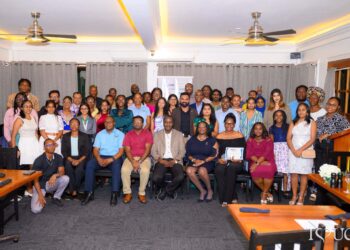 Professor Temitope Oyedotun, Guyana-PROMAR Project Lead and lecturer in the University of Guyana’s Faculty of Earth and Environmental Sciences; Mr. Amarnath Munnolimath, Head of Green and Circular Economy at adelphi; and Ms. Tracy Phillips of the United Nations Environment Programme (UNEP) Cartagena Convention Secretariat, pose with awardees and attendees at the PROMAR closing ceremony at the Grand Coastal Inn Hotel, East Coast Demerara, on October 14, 2026, marking the conclusion of the project’s implementation phase in Guyana.