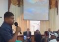 Opposition Leader Azruddin Mohamed speaking Wednesday October 7, 2026 at the MV Barima Commissioners meeting with families, survivors and supporters (screengrab)