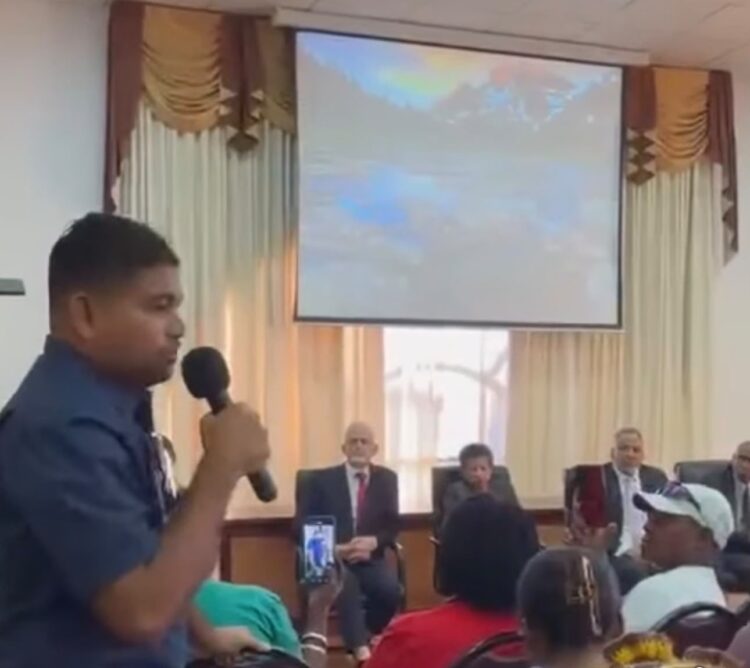 Opposition Leader Azruddin Mohamed speaking Wednesday October 7, 2026 at the MV Barima Commissioners meeting with families, survivors and supporters (screengrab)