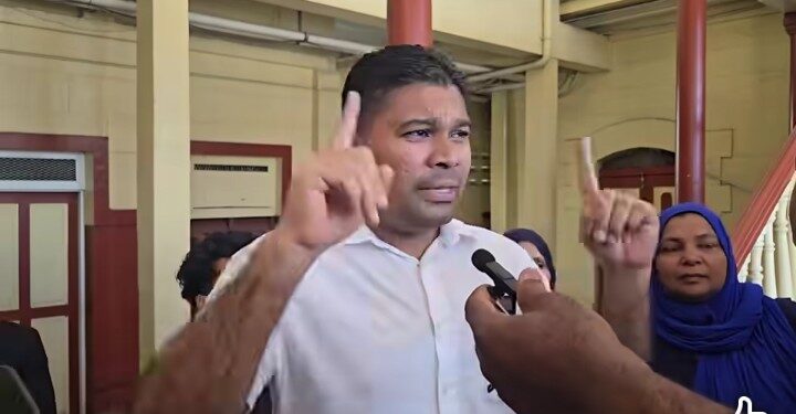 Opposition Leader Azruddin Mohamed specking to the media on Friday October 16, 2026 at the Georgetown Magistrates' Court