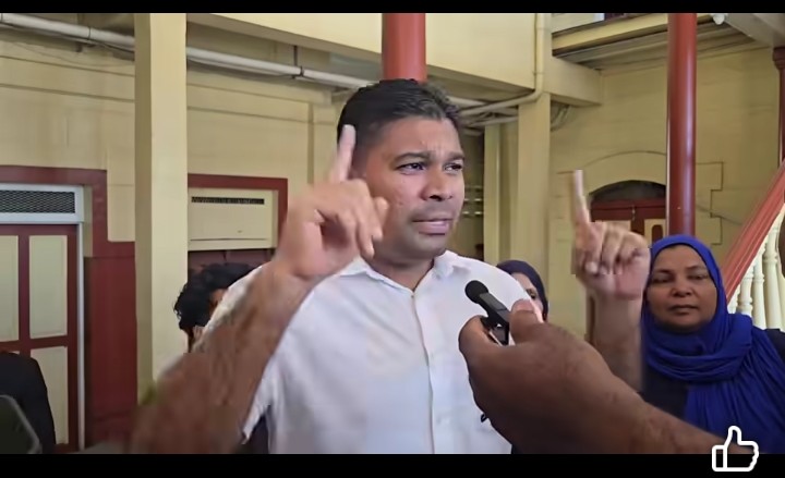 Opposition Leader Azruddin Mohamed specking to the media on Friday October 16, 2026 at the Georgetown Magistrates' Court