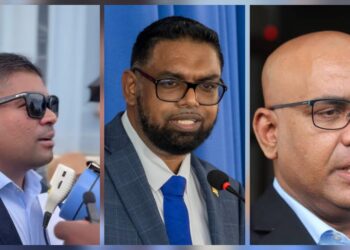 L-R Opposition Leader Azruddin Mohamed, President Irfaan Ali and Vice President Bharrat Jagdeo