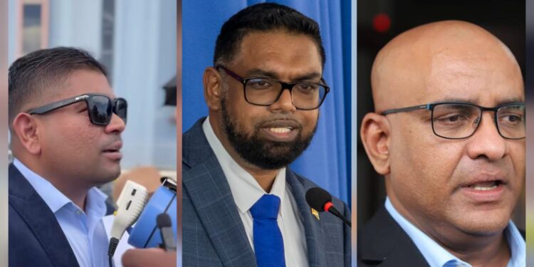 L-R Opposition Leader Azruddin Mohamed, President Irfaan Ali and Vice President Bharrat Jagdeo