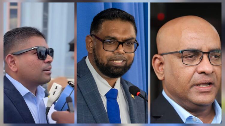 L-R Opposition Leader Azruddin Mohamed, President Irfaan Ali and Vice President Bharrat Jagdeo