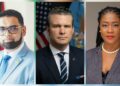 L-R Pres Irfaan Ali, US Secty of War Pete Hegseth FGM Leader Amanza Walton MP